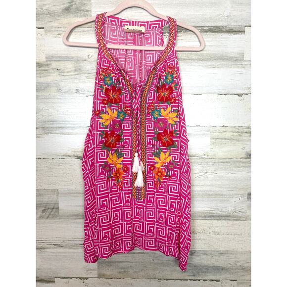 Savanna Jane Women’s Plus 3X Pink Embroidered Boho Tie Neck Tank Top Blouse - Picture 1 of 6